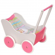 Houten poppenwagen (roze-wit)